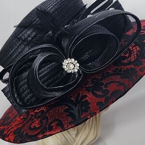 Damask Style Red & Black Hat with Mesh Bow Rhinestone & Feather Embellishment
